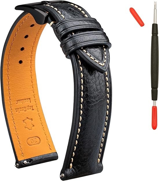 Watch Band Leather 22mm XXL Black Buckle Italian Vegetable Tanned Strap Gomvadr