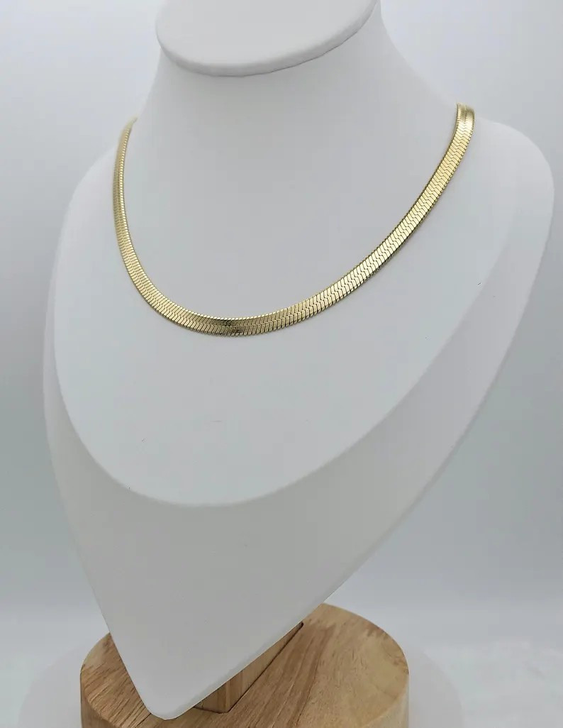 Gold Herringbone Necklace, 5mm Thick, 14k Gold Plated, No Fade, Water Proof