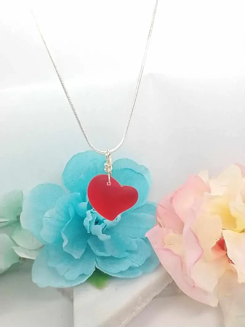 Valentines Gift Necklace Silver Sea Glass Heart Pendant Gold Snake Chain