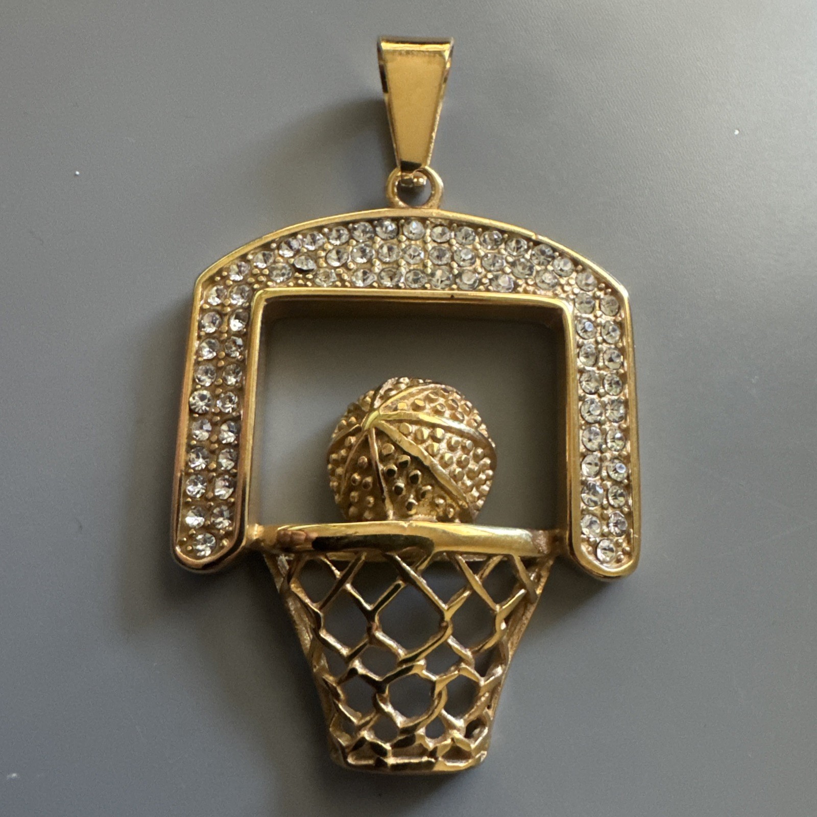 Basketball Hoop Stainless Steel Pendant 24 Inch Chain Trophy Cubic Zirconia Gold