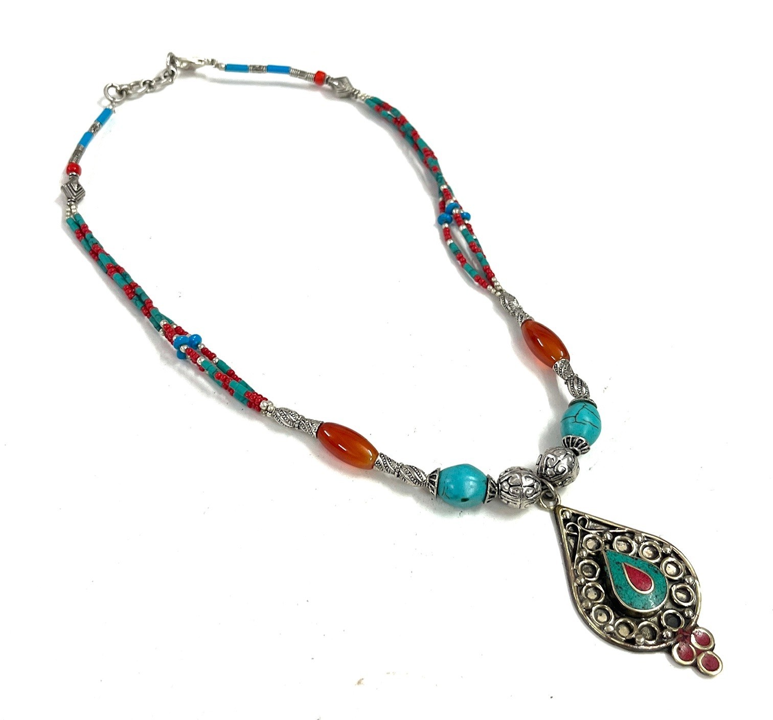 Ethnic Turquoise Carnelian Gemstone Tibetan Necklace Jewelry, 16 Inc Adjst