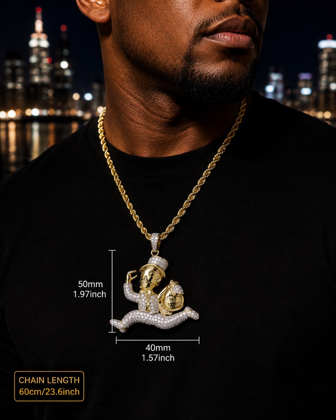 Gold Tone Monopoly Style Money Bag Pendant Necklace CZ Hip Hop Rope Chain 24″