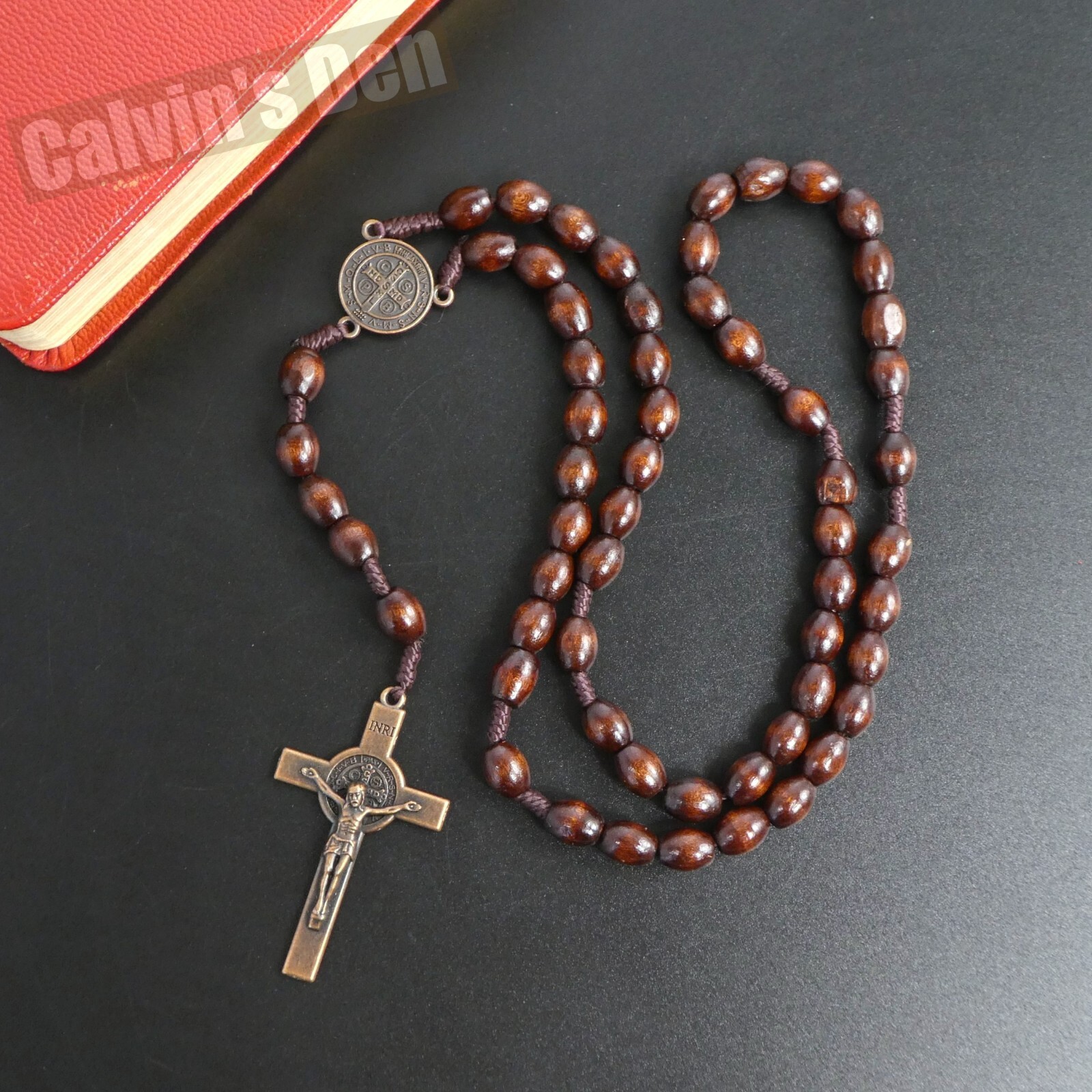 Coffee Brown Oval Wood Bead Antique Brass Crucifix Rosary Necklace Five Decade