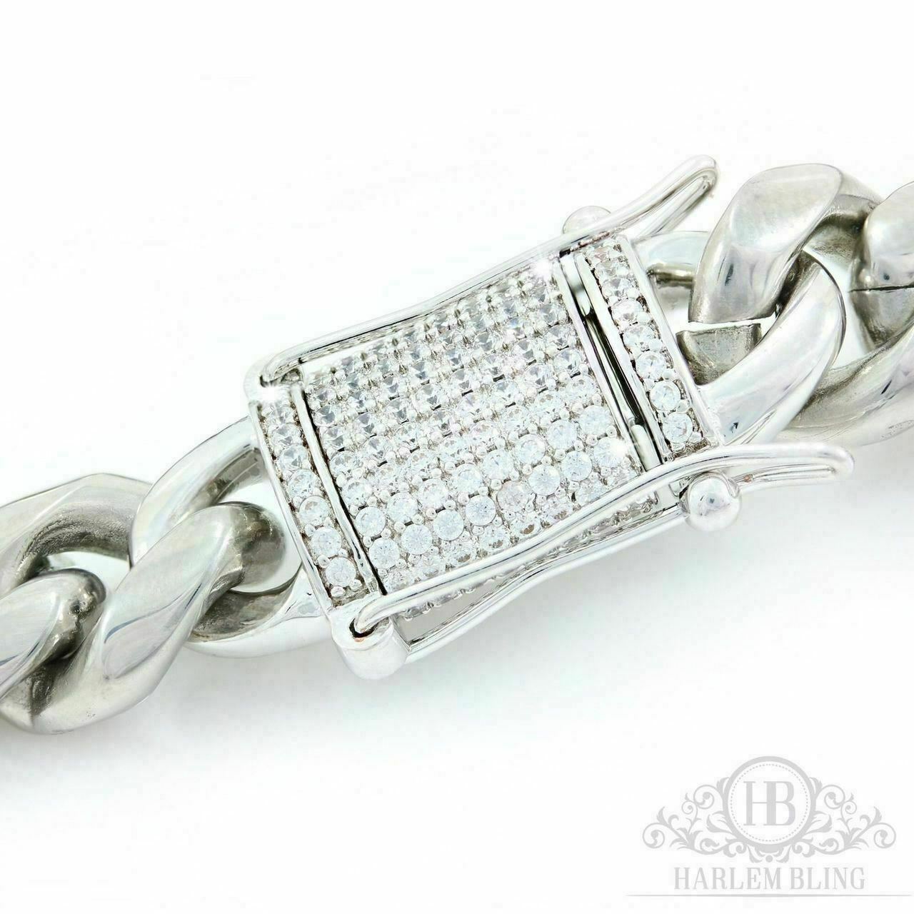 Cuban Miami Silver Bracelet & Chain Set Stainless Steel 925 Simulated Diamond