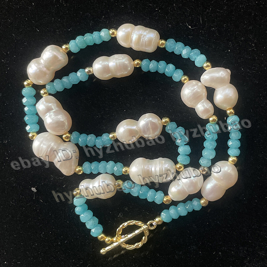 14-28″2x4mm Faceted Roundel Aquamarine Gems 10x15mm White Baroque Pearl Necklace