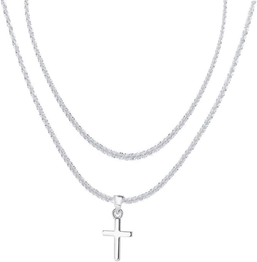 Layered 925 Sterling Siver Cross Charm Pendant Necklace Set for Women Silver
