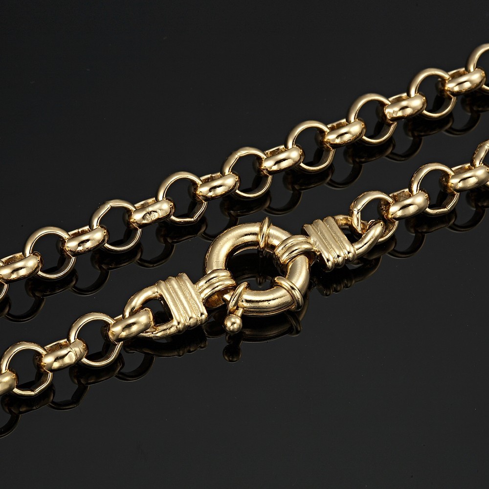 18K GL Solid Thick Belcher Yellow Gold Necklace & Antique Style Lifebuoy Clasp