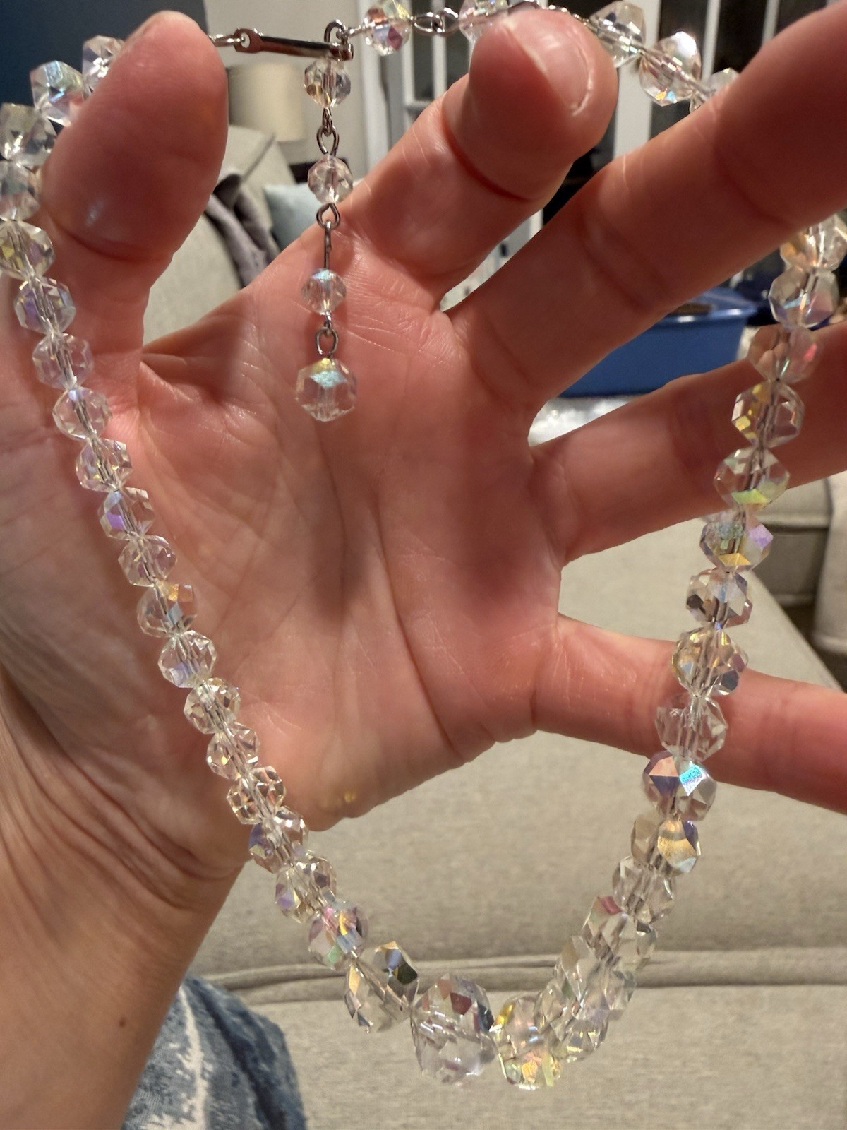 Vintage Aurora Borealis Faceted Crystal Necklace Graduated Hand Linked Jewelry