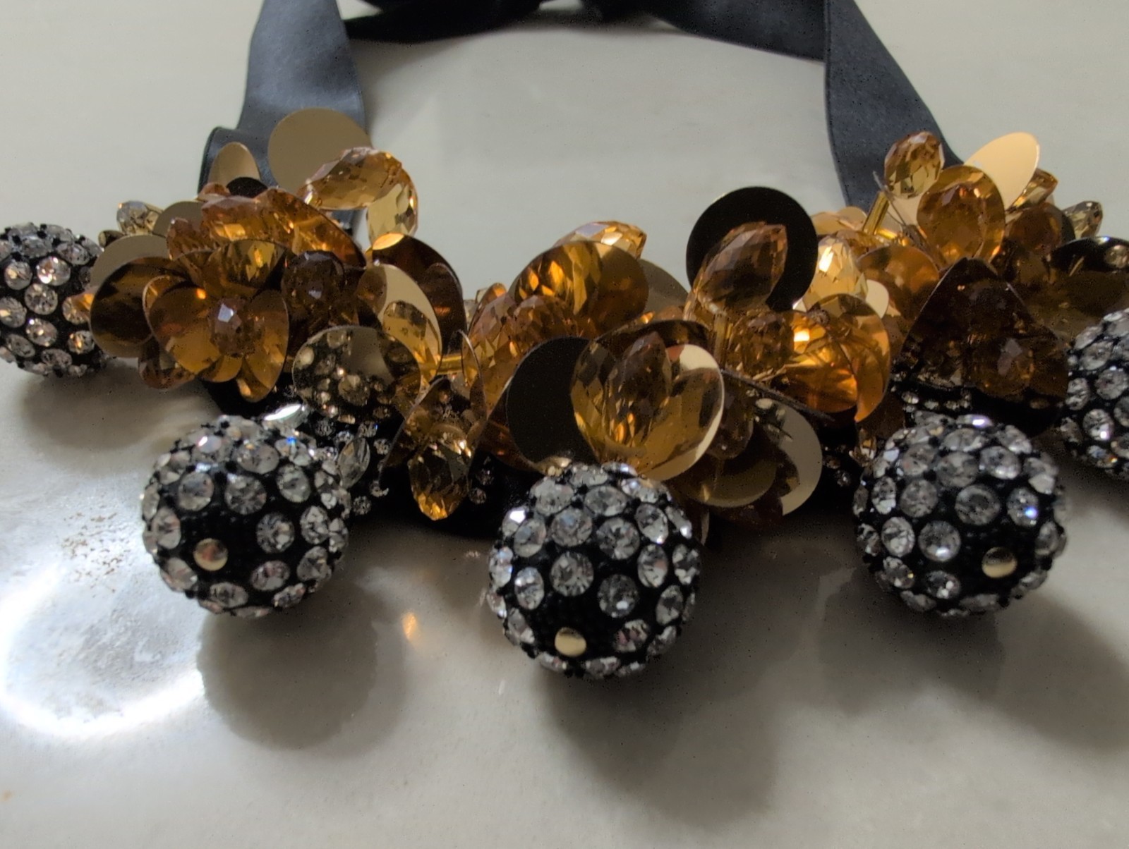NWOT J CREW WIDE BLACK RIBBON TIE STATEMENT NECKLACE SEQUINS RHINESTONES L@@K