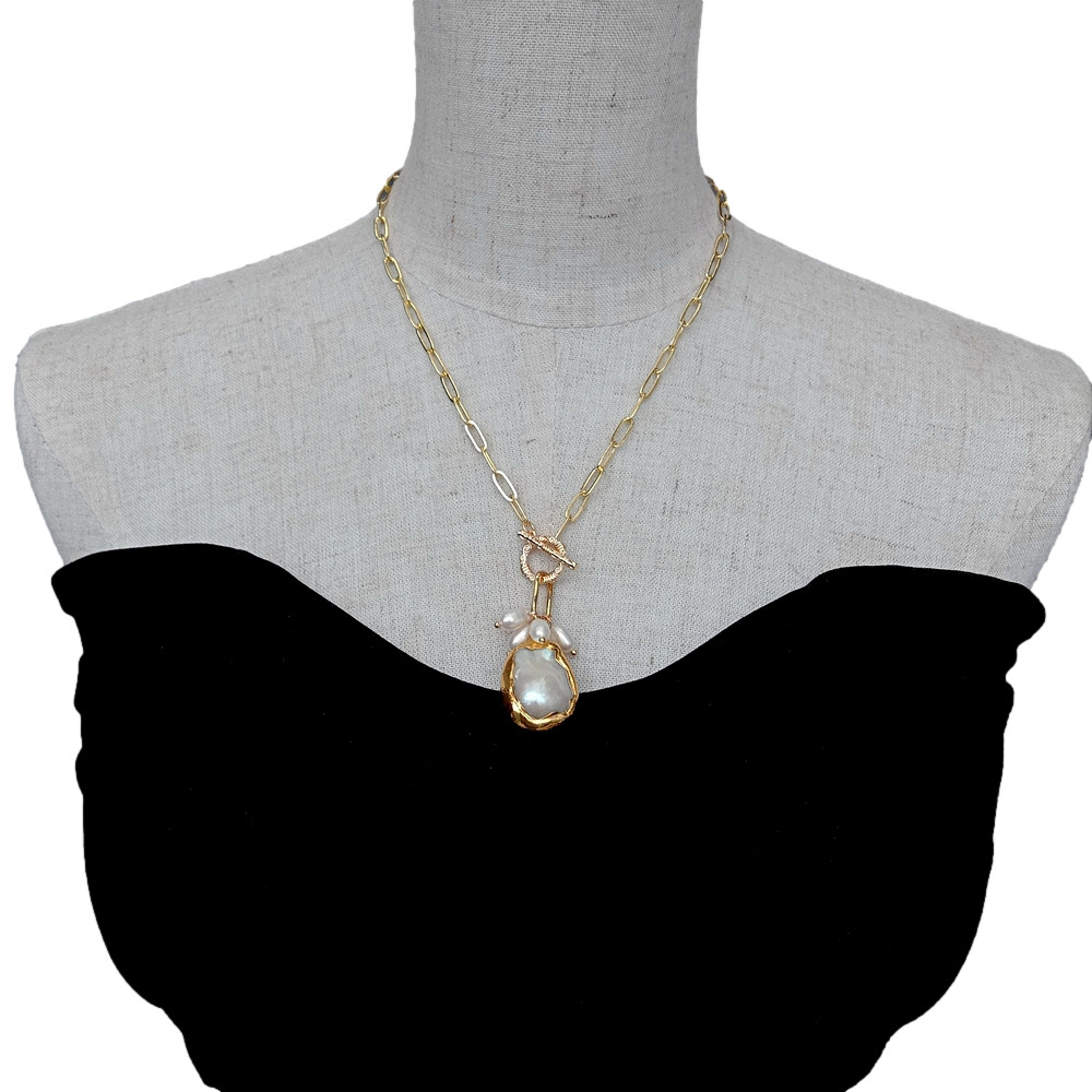 White Keshi Pearl Pendant Gold Plated Chain Necklace Simple Gift Natural Pearl