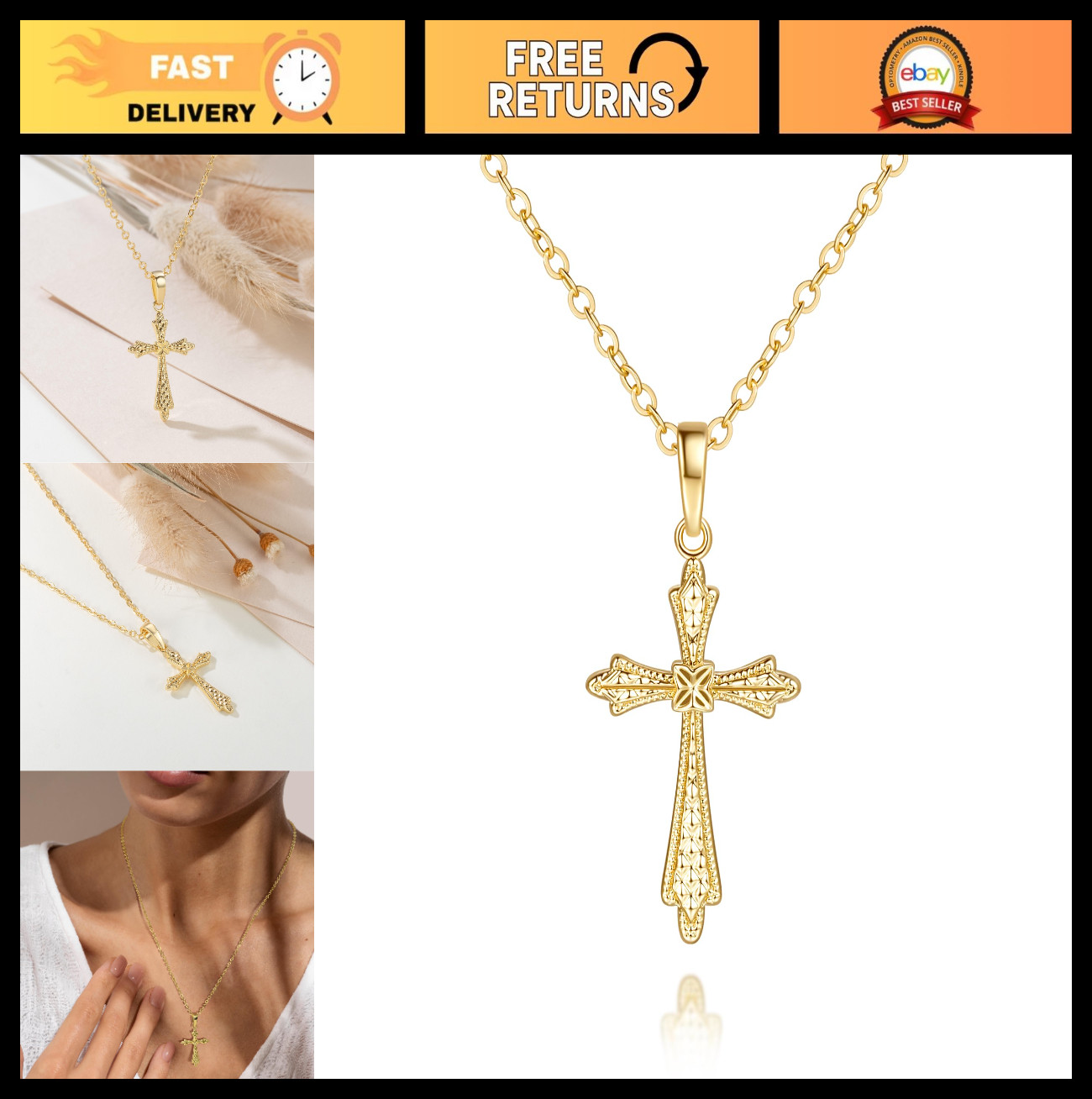 Gold Cross Necklace for Women, 14K Vintage-Inspired Pendant Chain, 26mm Jewelry