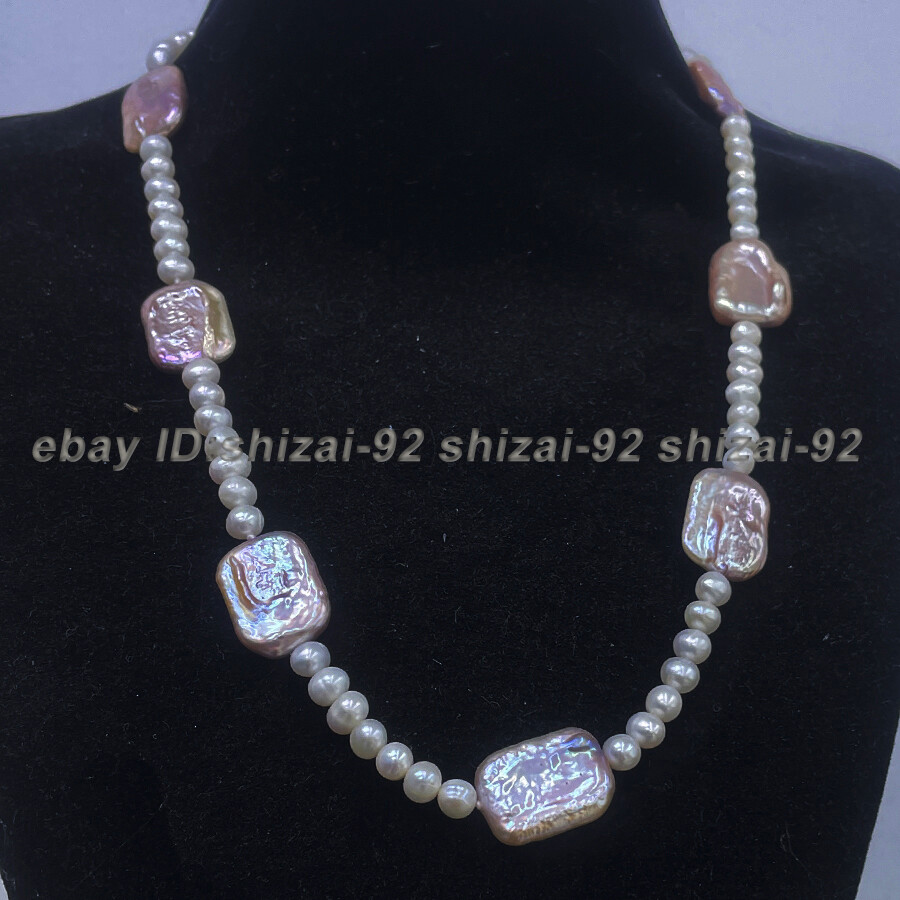 7-8mm White &15x20mm Colorful Freshwater Baroque Rectangle Pearl Necklace 18-28″