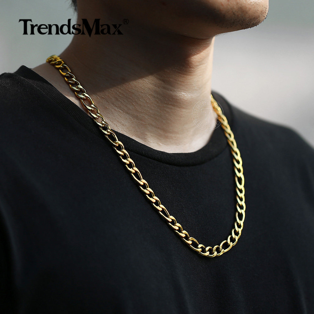3/5/7/9mm Gold Plated Stainless Steel Figaro Chain Necklace Choker Fashion Link