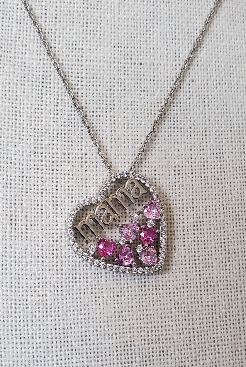 Silver Plated Mama Heart Pink Pendant Necklace 18″