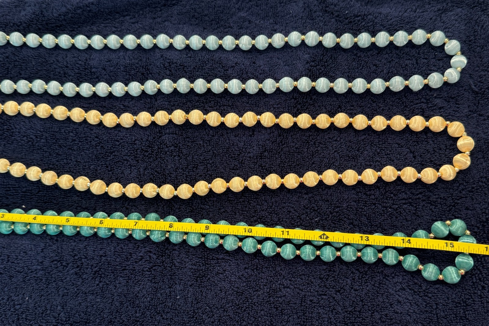 Set of 3 colors -30″ Silk Thread Wrapped Bead Necklace Gold Tone Spacers 12mm