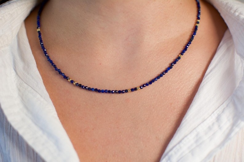 2-3MM Lapis Lazuli Faceted Round Gemstone Gold Filled Beads Choker Necklace 18”