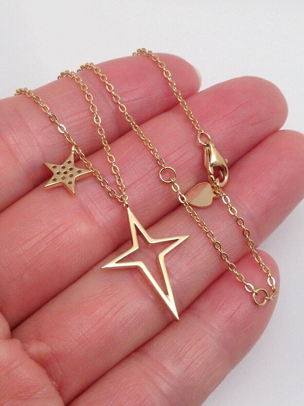 925 Sterling Silver Cz Star & North Star Pendant Charm Necklace Gold 7mm/19mm