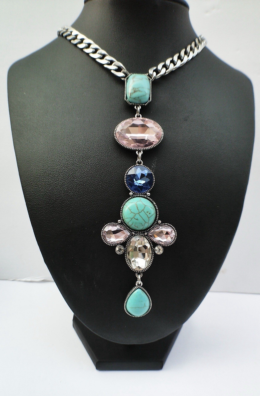 Western Statement Necklace Imitation Turquoise Pink Crystal Curb Chain Drop