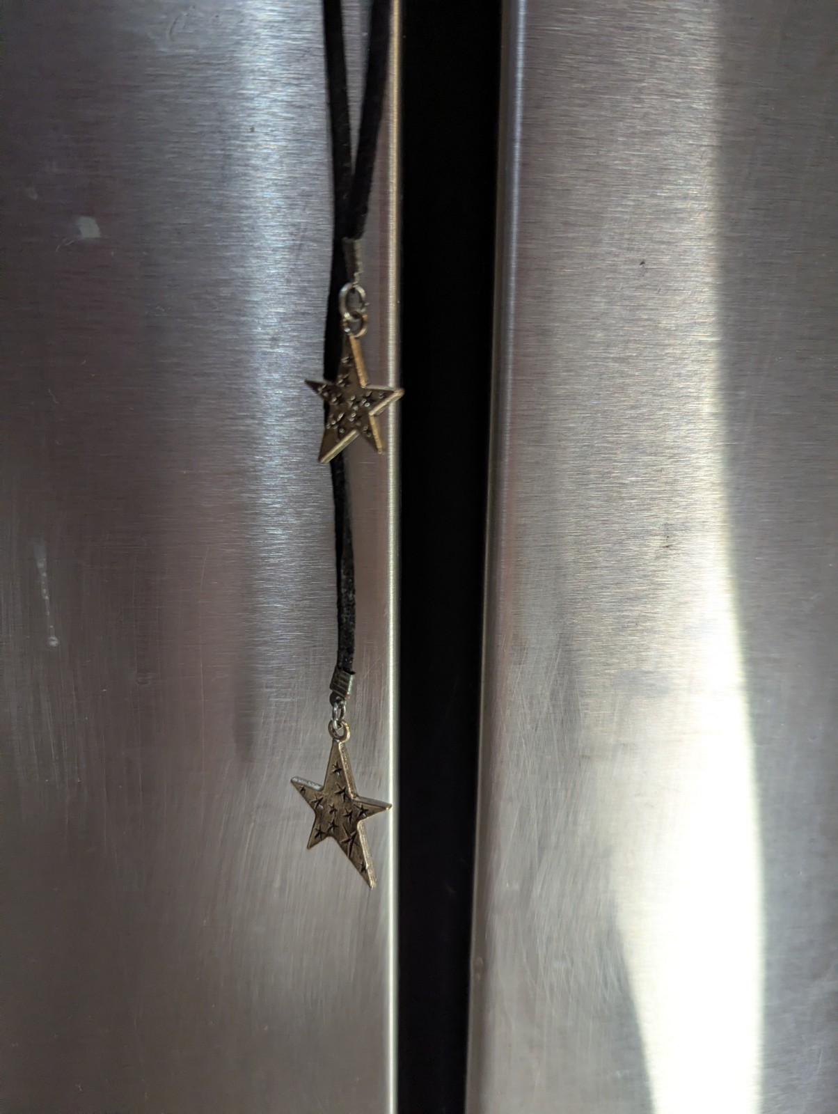 Silver Tone Star Charm Pendant Necklace Black Cord Tie Closure Adjustable