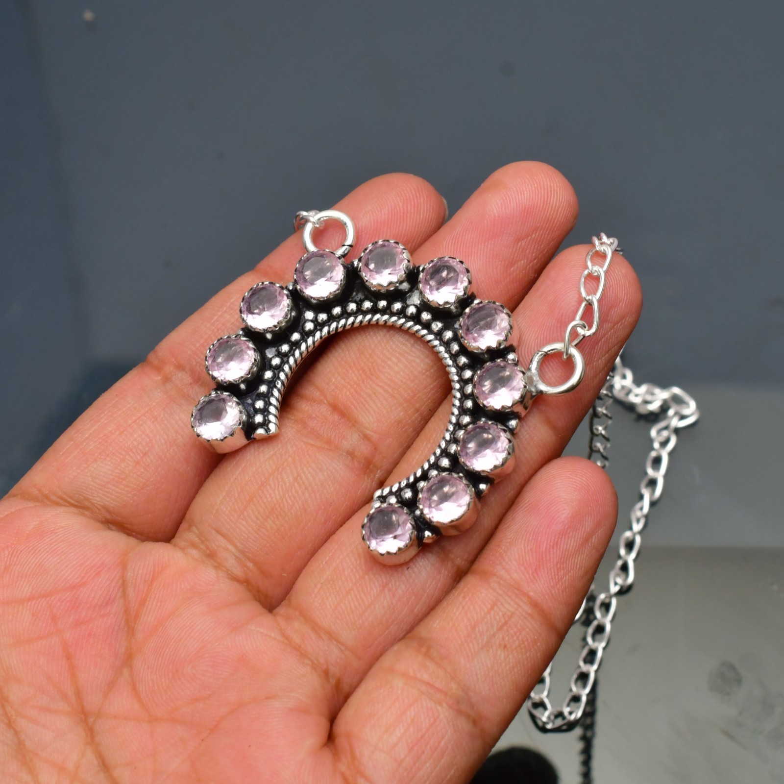 Pink Kunzite Gemstone 925 sterling silver Handmade Necklace Adjustable : 16-20″
