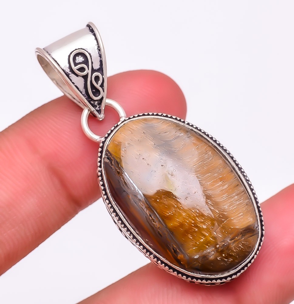 Natural Tiger’S Eye Gemstone 925 Silver Plated Jewelry Pendant 1.9″ S198
