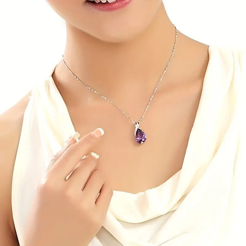 Exquisite Silver Plated Teardrop Amethyst Necklace Bridal Engagement Wedding
