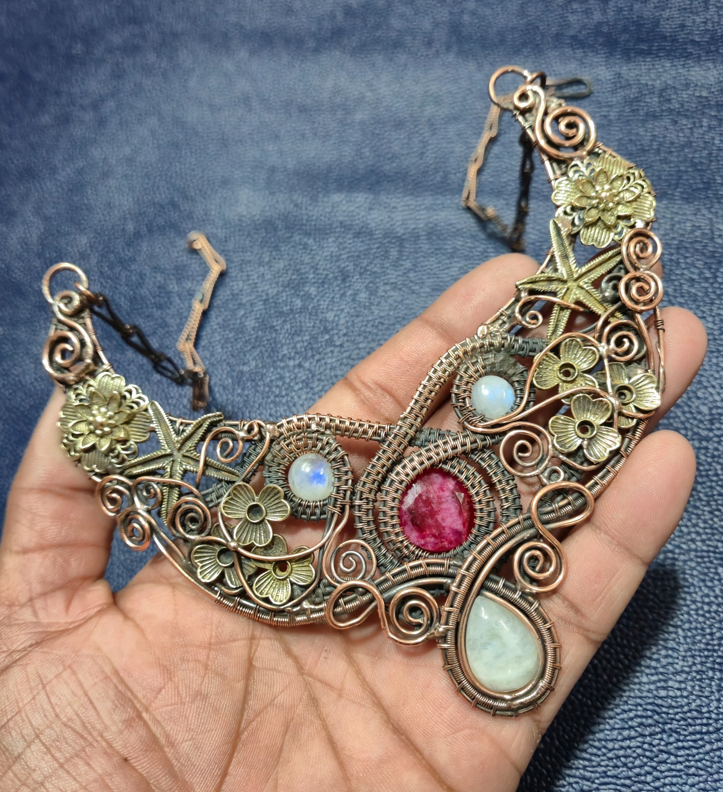 Faceted Kashmir Ruby & Moonstone Necklace Copper Wire Wrapped Necklace Jewelry