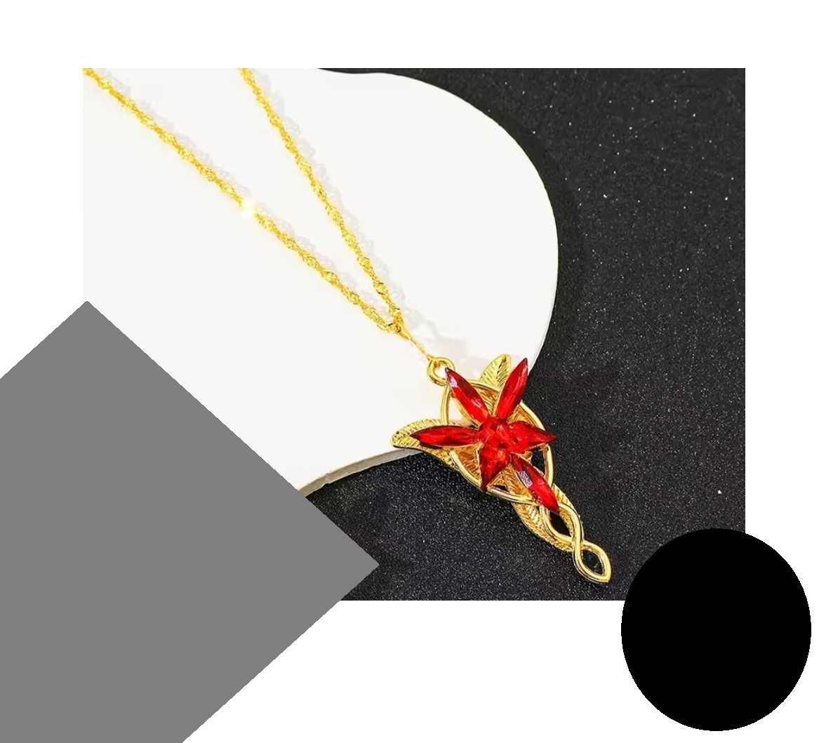 Red on Gold Arwen Evenstar Necklace Aragorn Elven LOTR Lord of Ring & Velvet Bag
