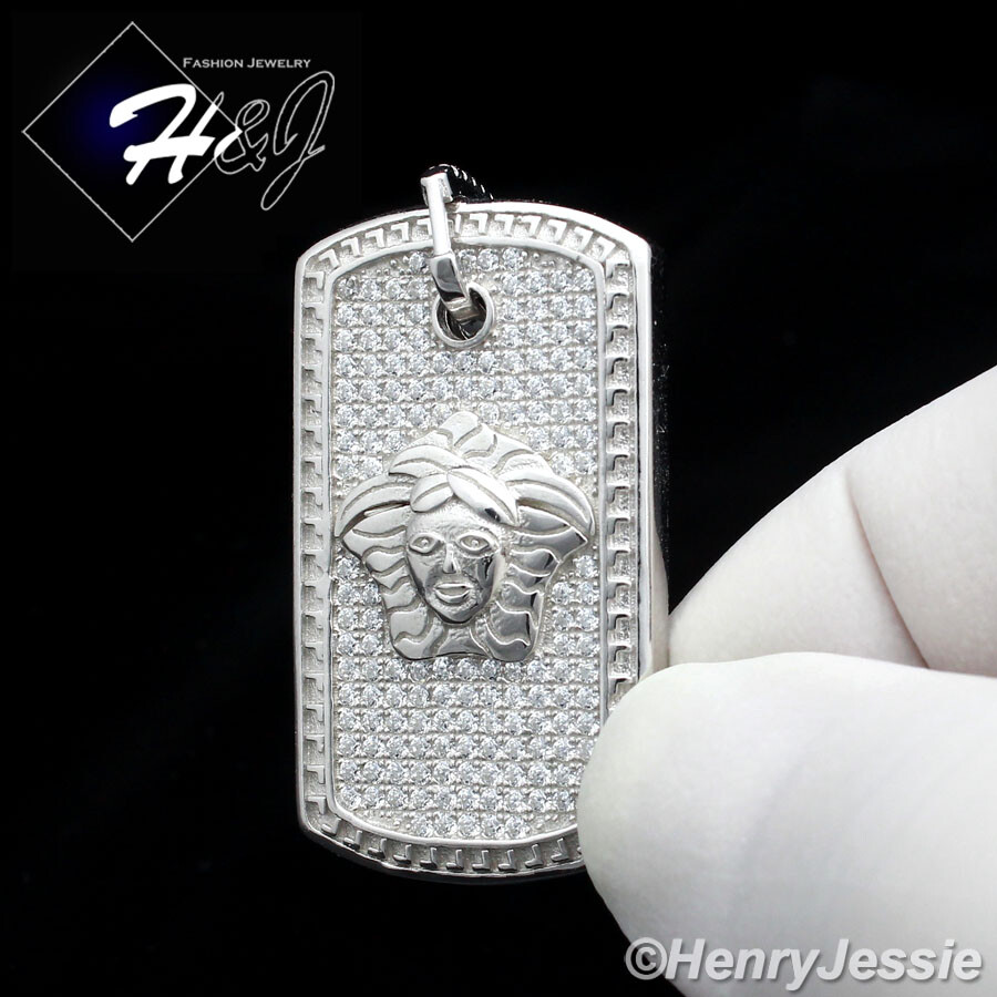 MEN 925 STERLING SILVER ICY BLING CUBIC ZIRCONIA HEAD DOG TAG PENDANT*SP112