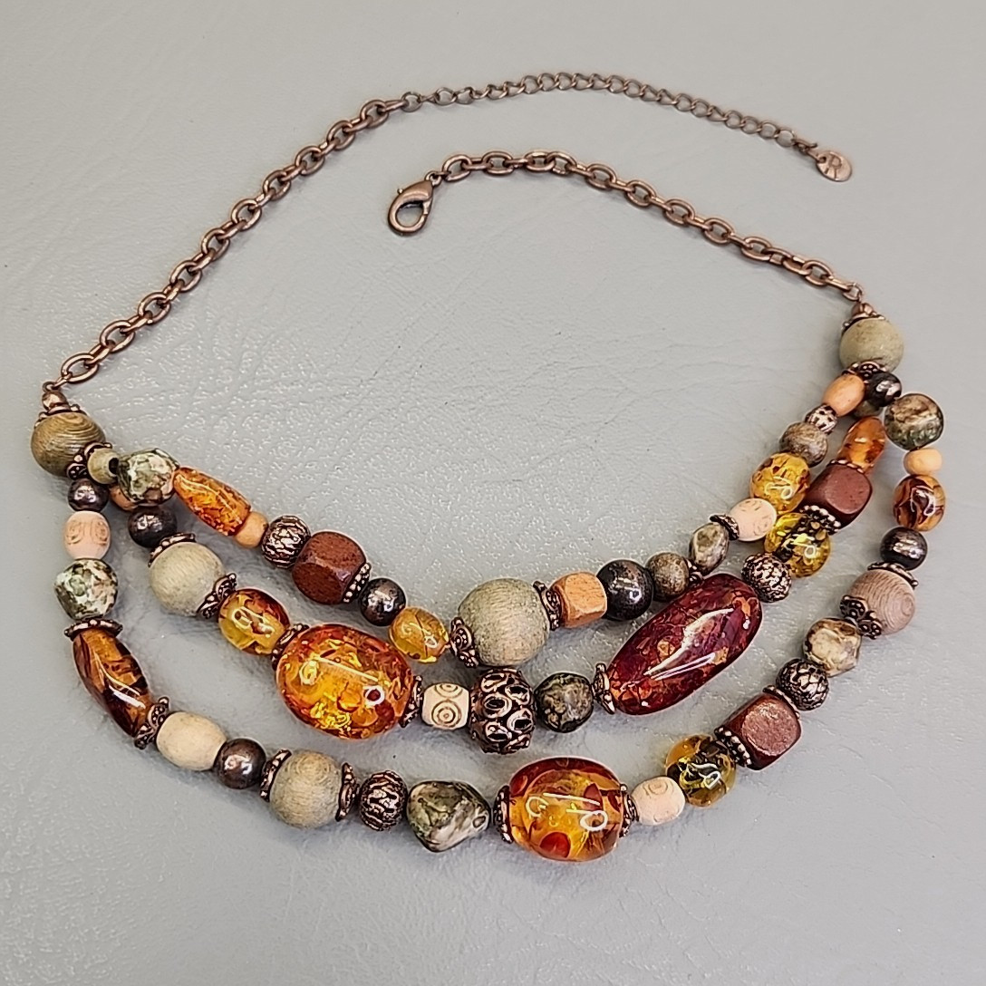 Beaded Necklace Roman Jewelry Copal Wood Beads Triple Layered 16-18″