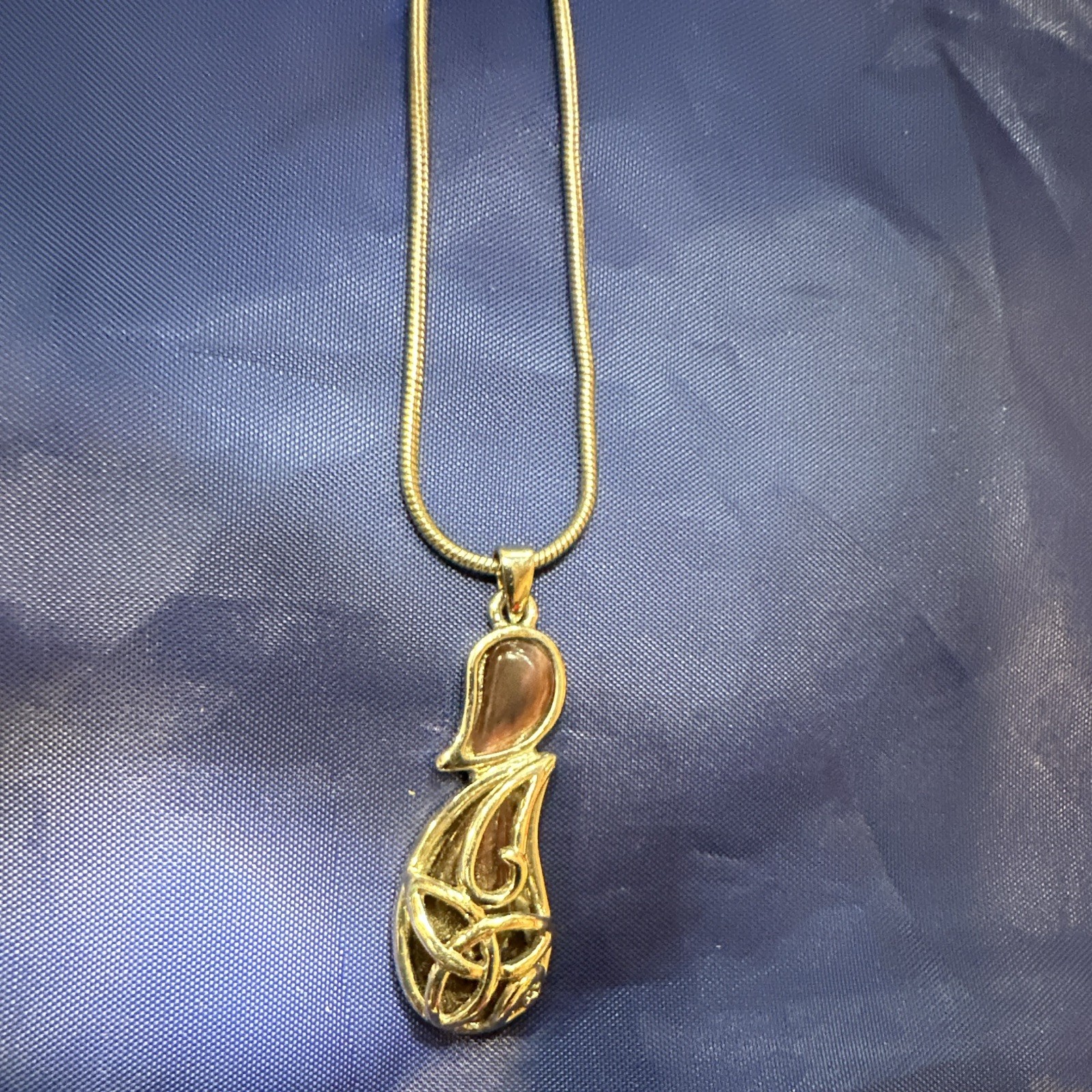 Gold Tone Snake Chain Necklace Teardrop Charm Pendant Signed Lobster