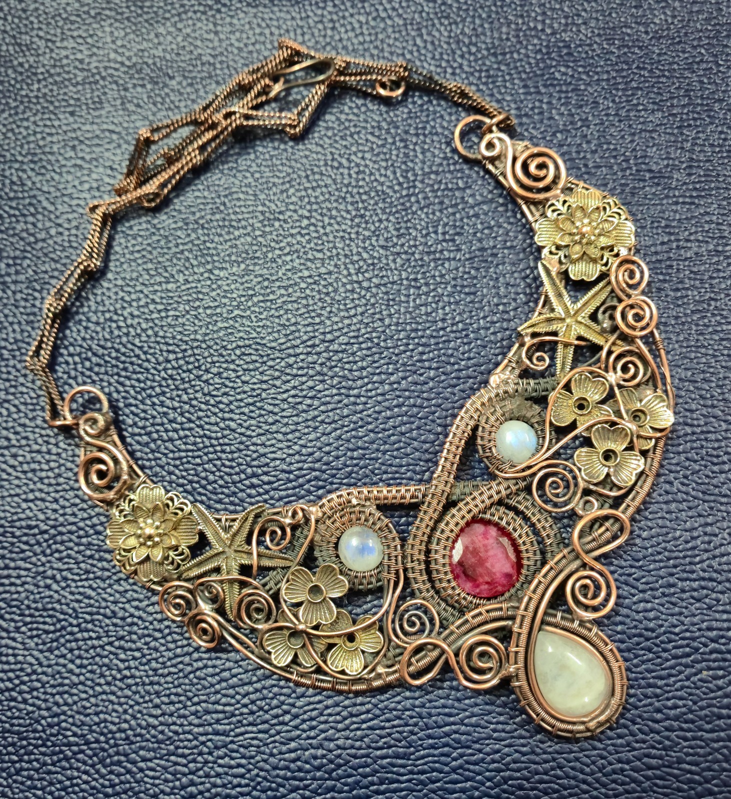 Faceted Kashmir Ruby & Moonstone Necklace Copper Wire Wrapped Necklace Jewelry