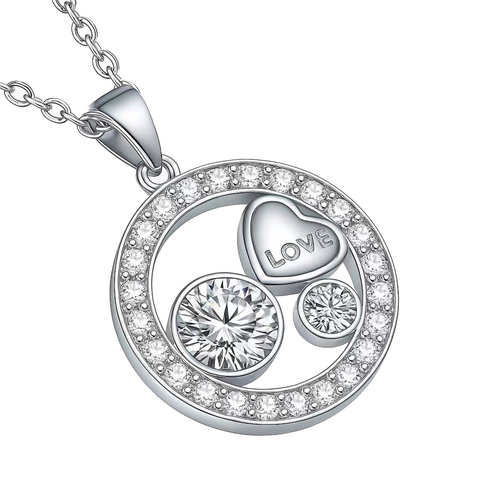 Love Circle Pendant Necklace with CZ Stones 14k White Gold Plated Women Necklace