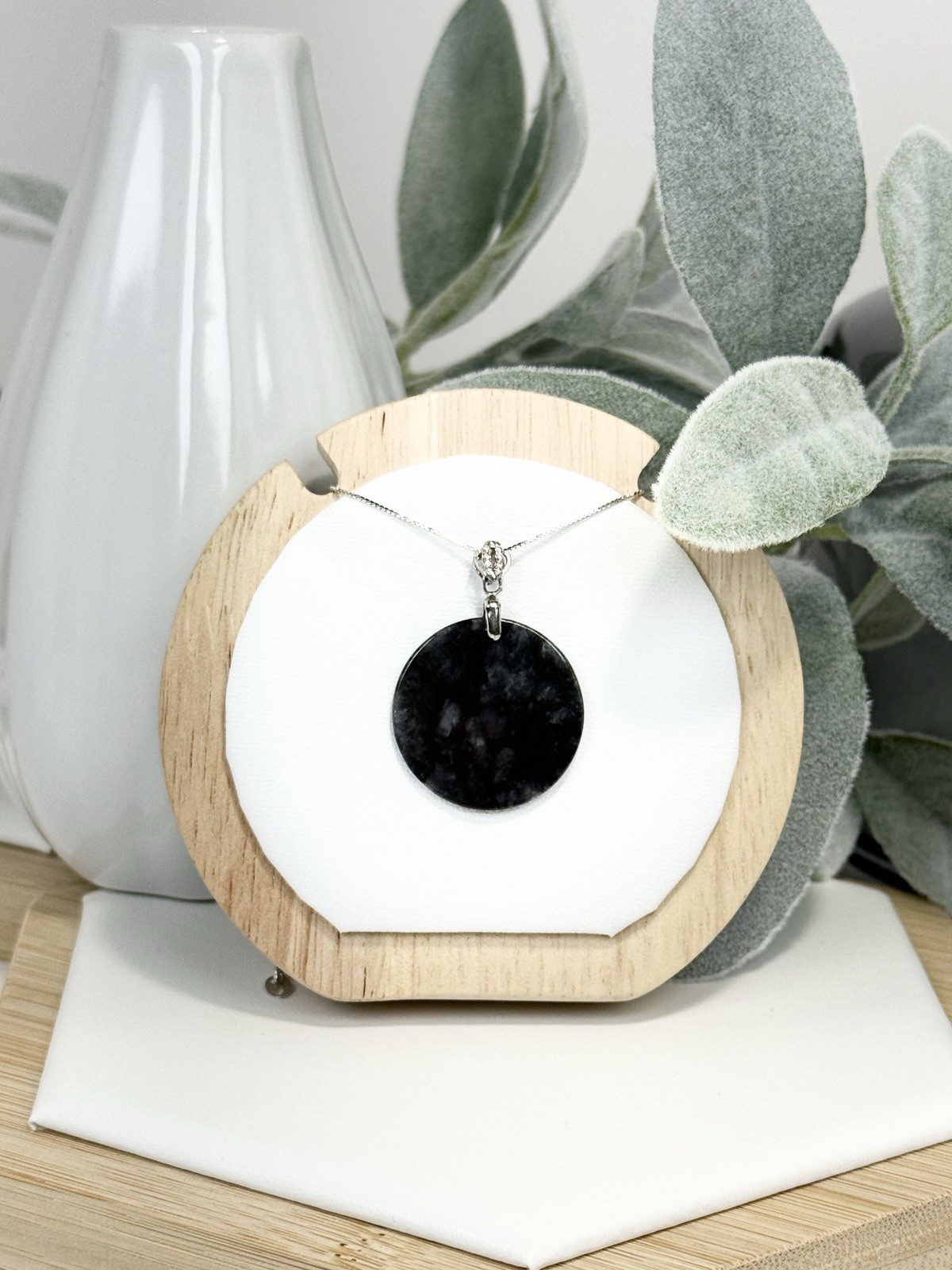 Wuji Jadeite Black/Grey Round Pendant Necklace 26.2/1.9MM on 18IN S925 Chain.