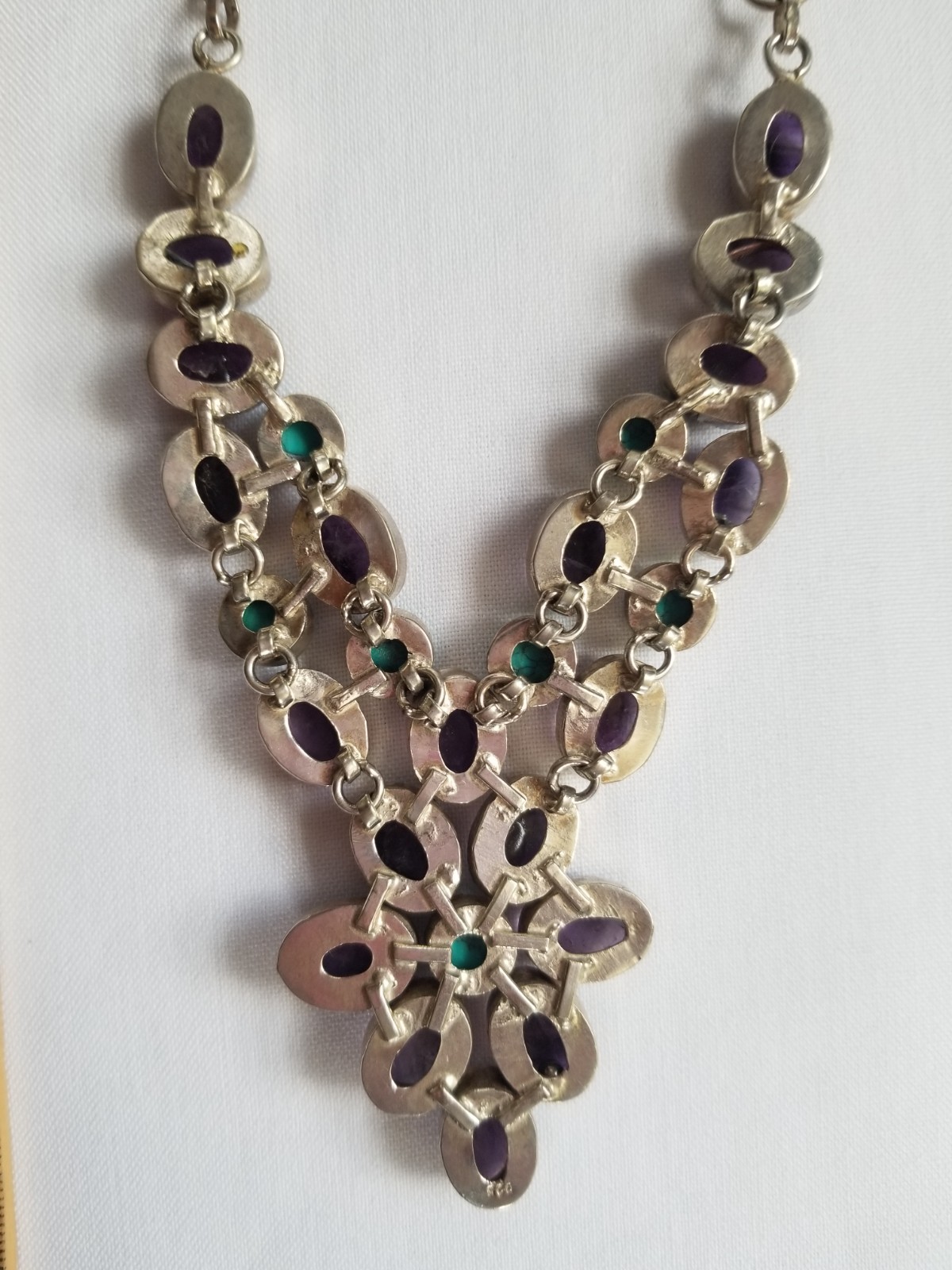Multi Gemstone Flower Bib Statement Necklace Silver Amethyst Turquoise Handmade