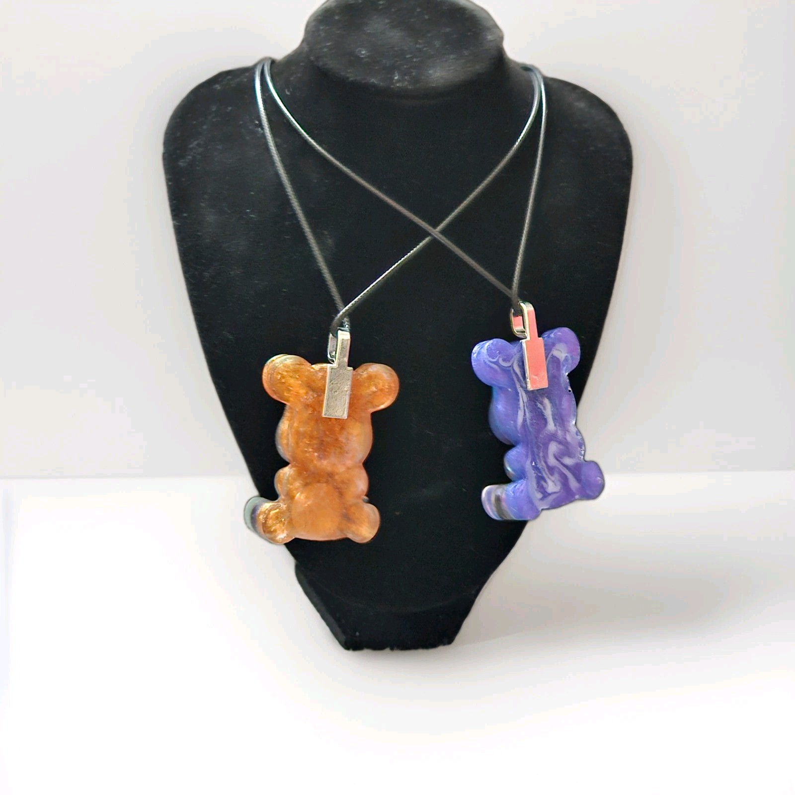 Resin Teddy Bear Charm Pendant Cord Chain Necklaces, Multicolor, 2pc