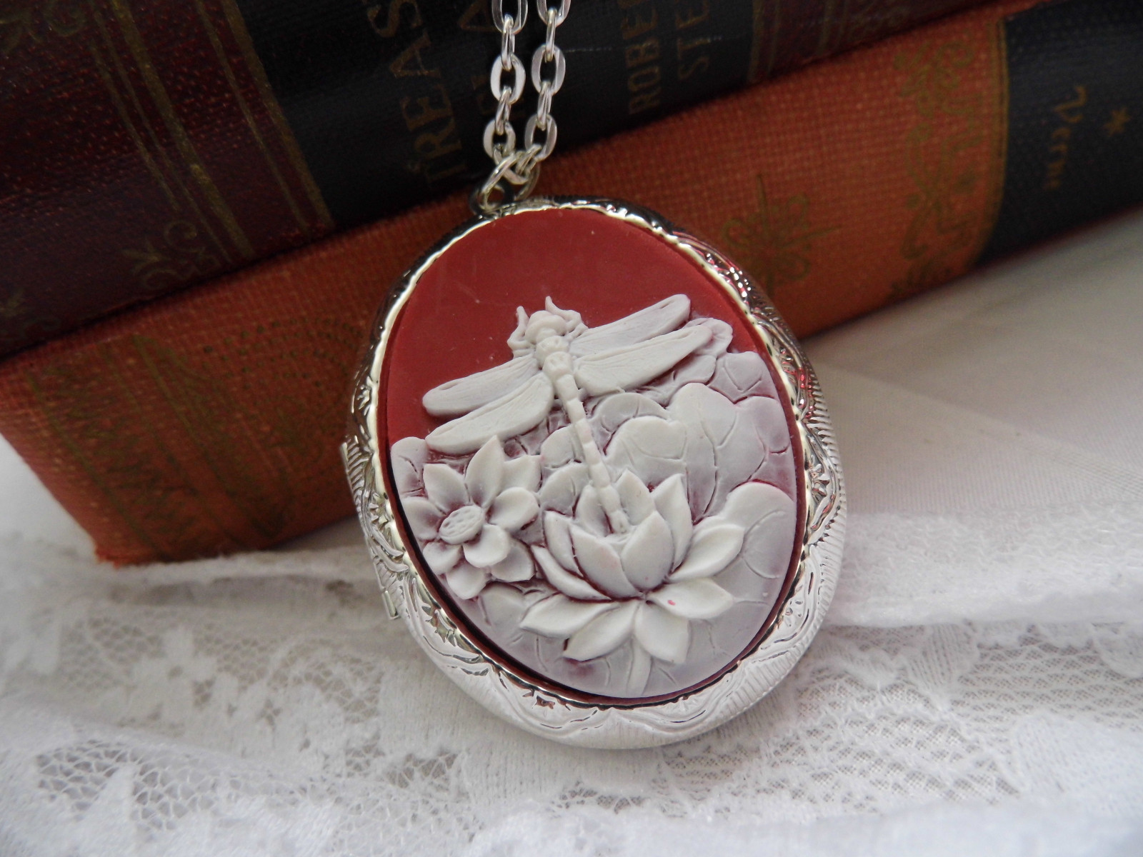 Dragonfly Silver Gold photo Locket LOTUS FLOWER Memorial PILL Box photo memorial