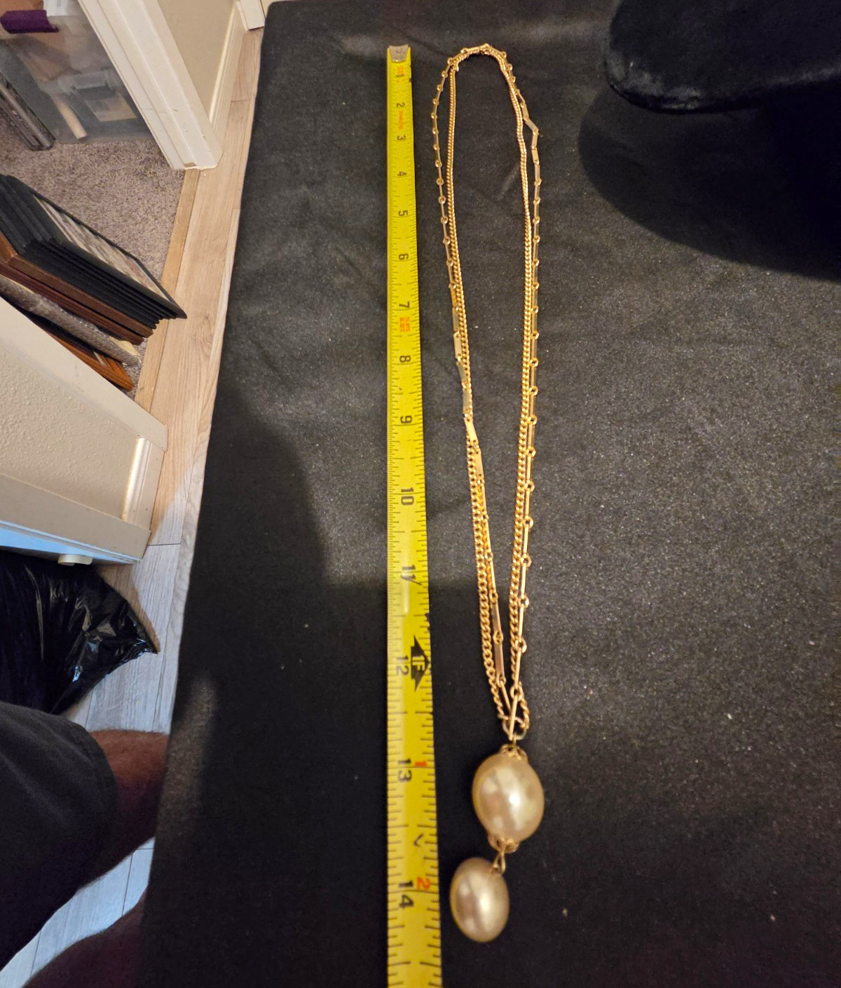 Gold Tone Double Curb Link Chain Necklace 24in White Pearl Drop Pendant