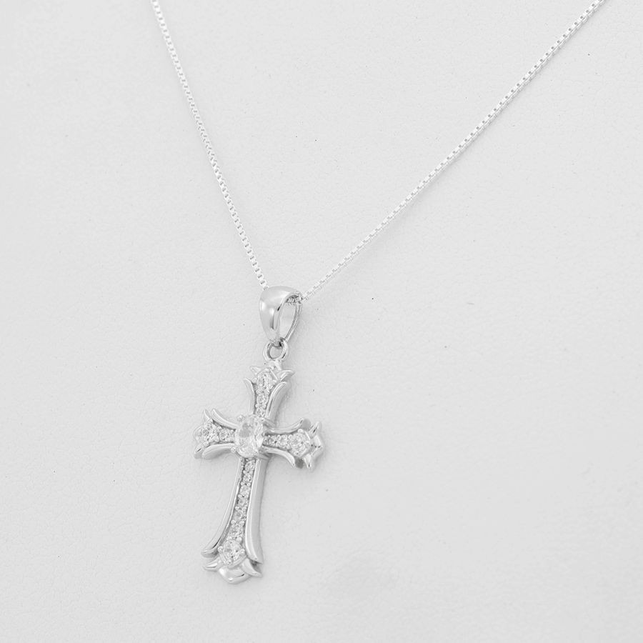 Women’s Sterling Silver 925.CROSS 28mm Cubic zirconia Pendant 18″Necklace,Box
