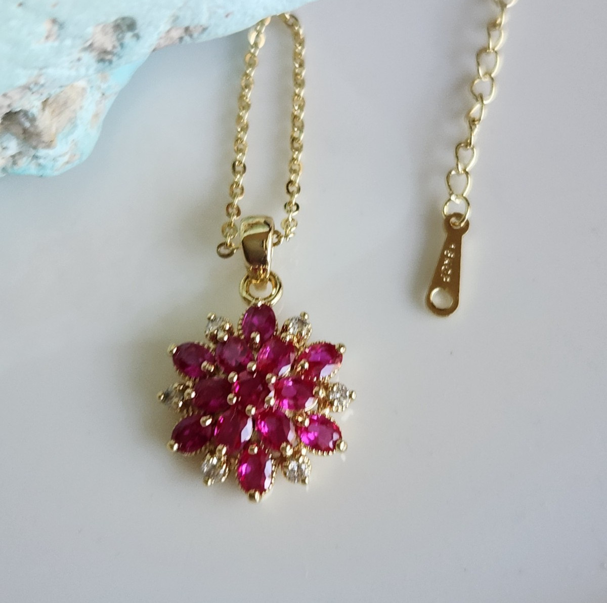 925 Sterling Sliver Natural 3x4mm Ruby Floral 17x26mm Pendant Free Chain
