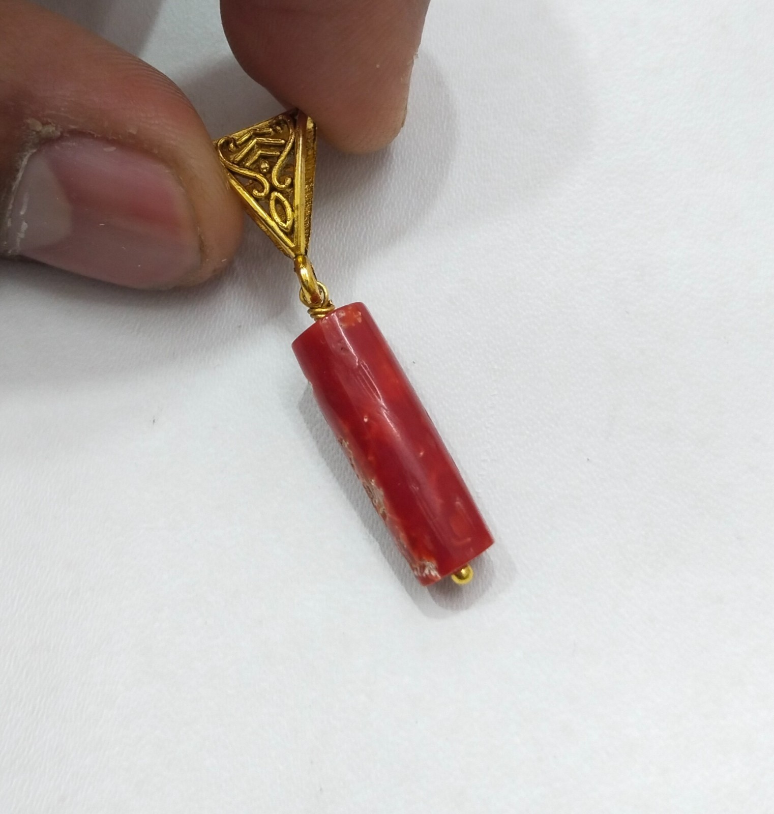100%Natural Italian Red Coral Brass Pendant, Polished Unisex Jewelry (37 mm)