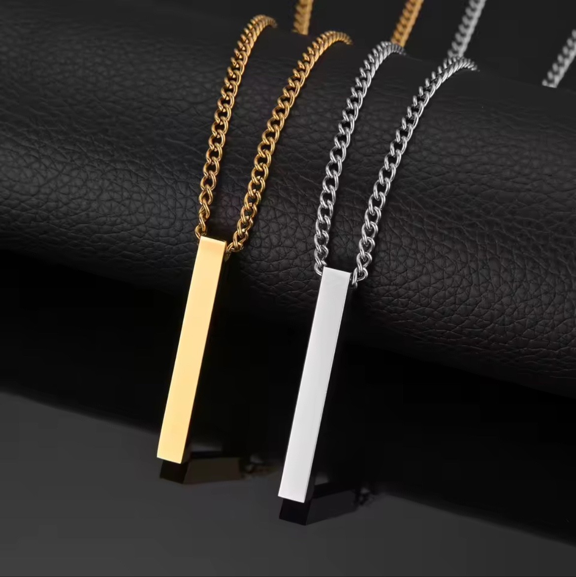 Minimalist Bar Pendant Necklace Stainless Steel 24” Chain Gold Silver Black