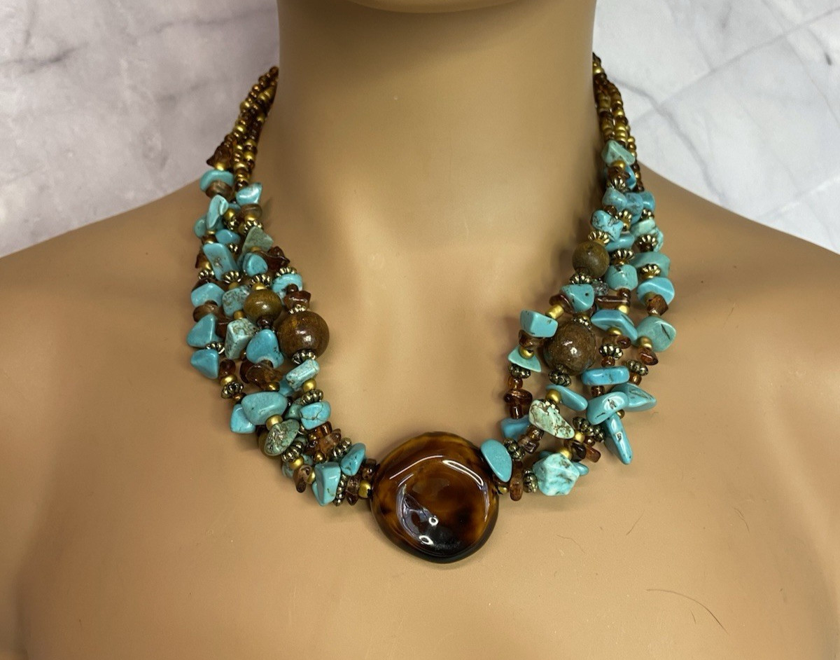 CYNTHIA GALE Turquoise Chip Multi-Strand Choker w/ Tortoise-Look Pendant 16–20in
