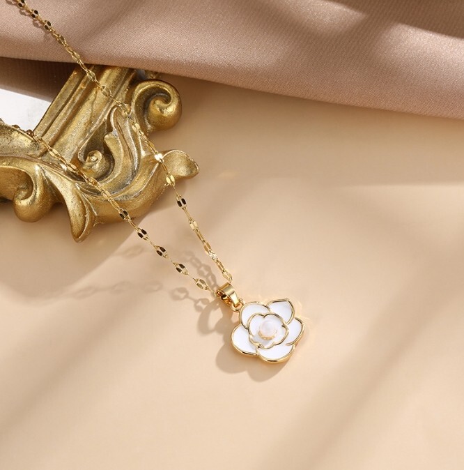 Gold Titanium White Flower Camellia Pearl Pendant Chain Necklace