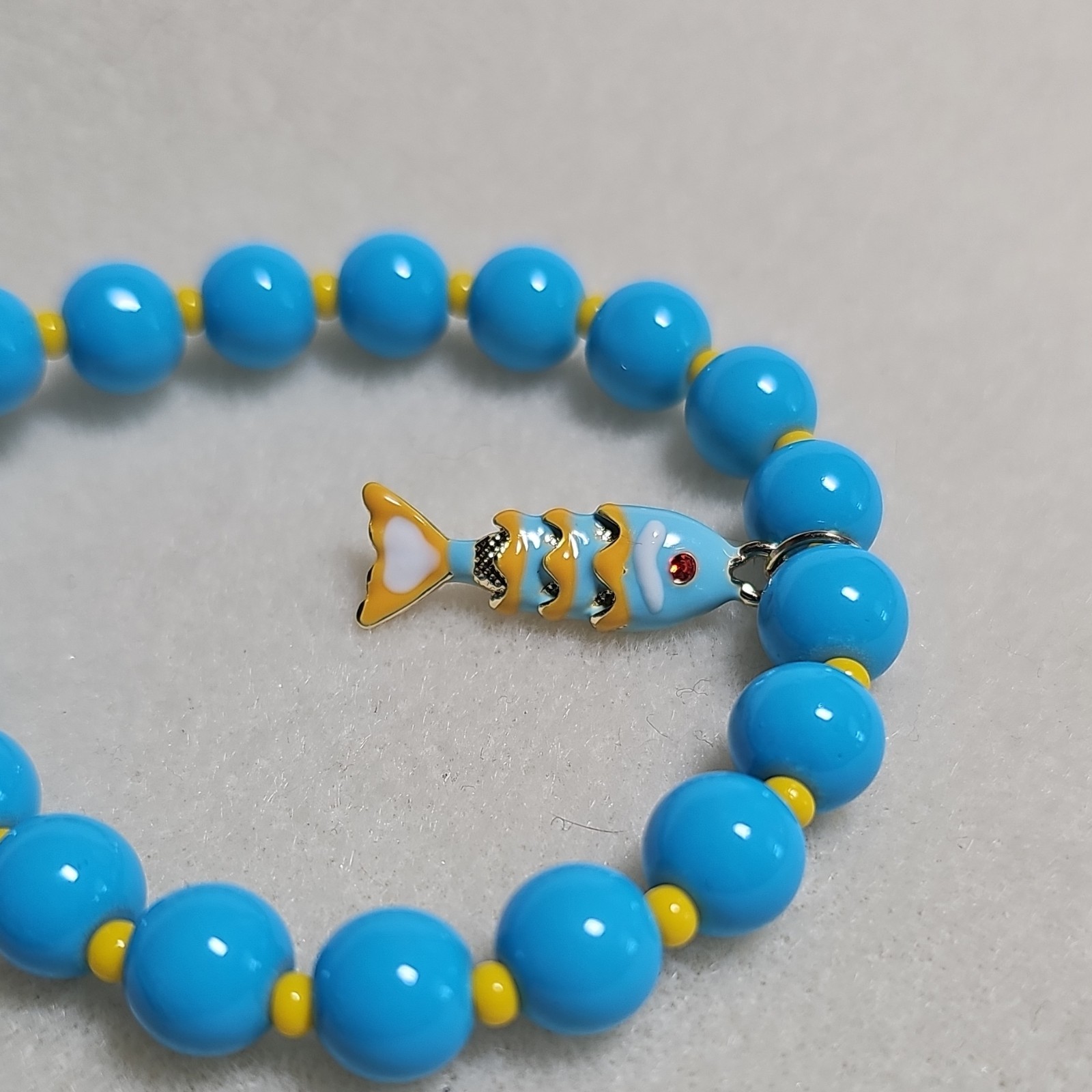 Handmade Blue & Yellow Glass Beaded Necklace w Enamel Fish Charm & Lobster Clasp