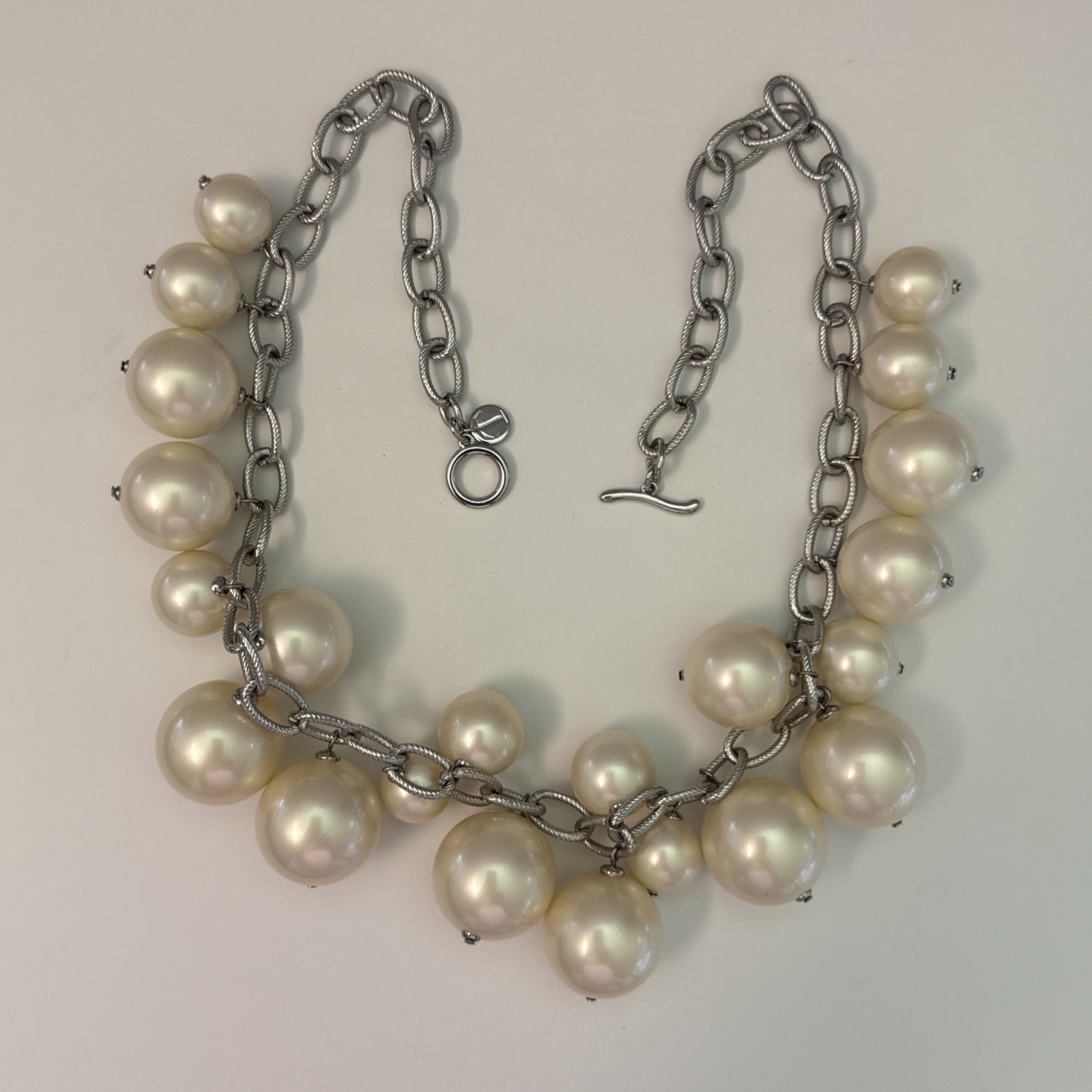 Talbots Chunky Faux Pearl Statement Necklace Silver Tone Cluster Bubble Toggle