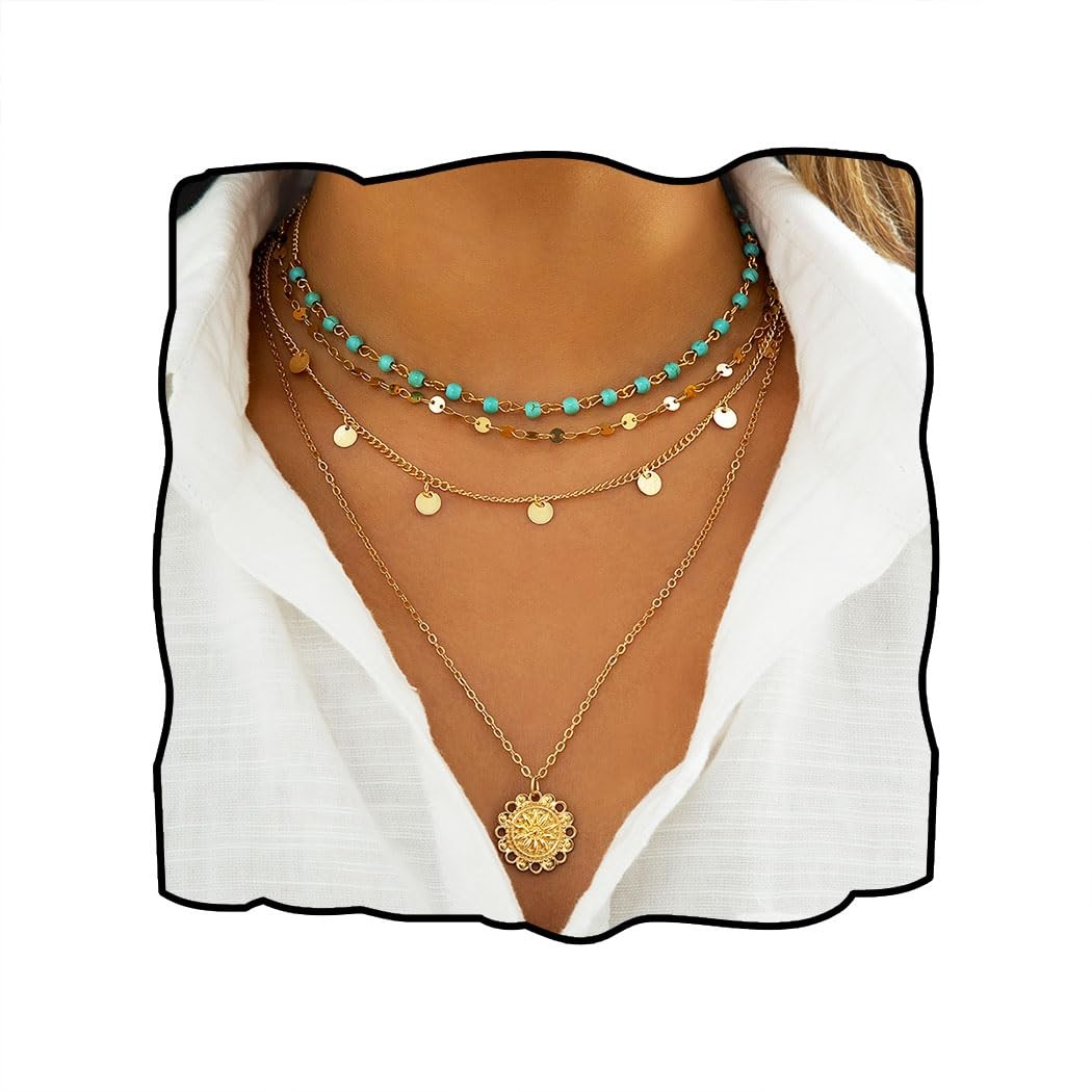 Aiosy Boho Layered Necklace for Women Turquoise Dainty One Size, Gold