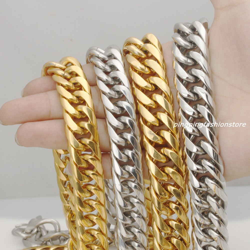 16/20mm Huge Stainless Steel Silver/Gold Curb Cuban Chain Men’s Necklace 7″-40″