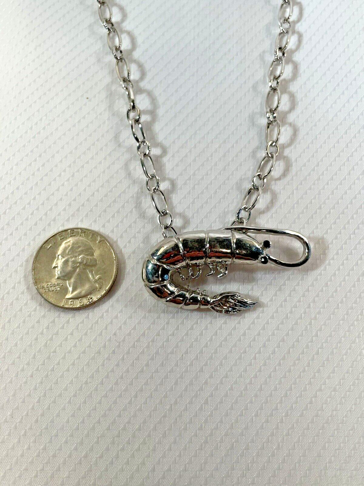 Shrimp Silver Long Necklace Stainless 30” Chain Coastal Sea Life Jewelry NEW
