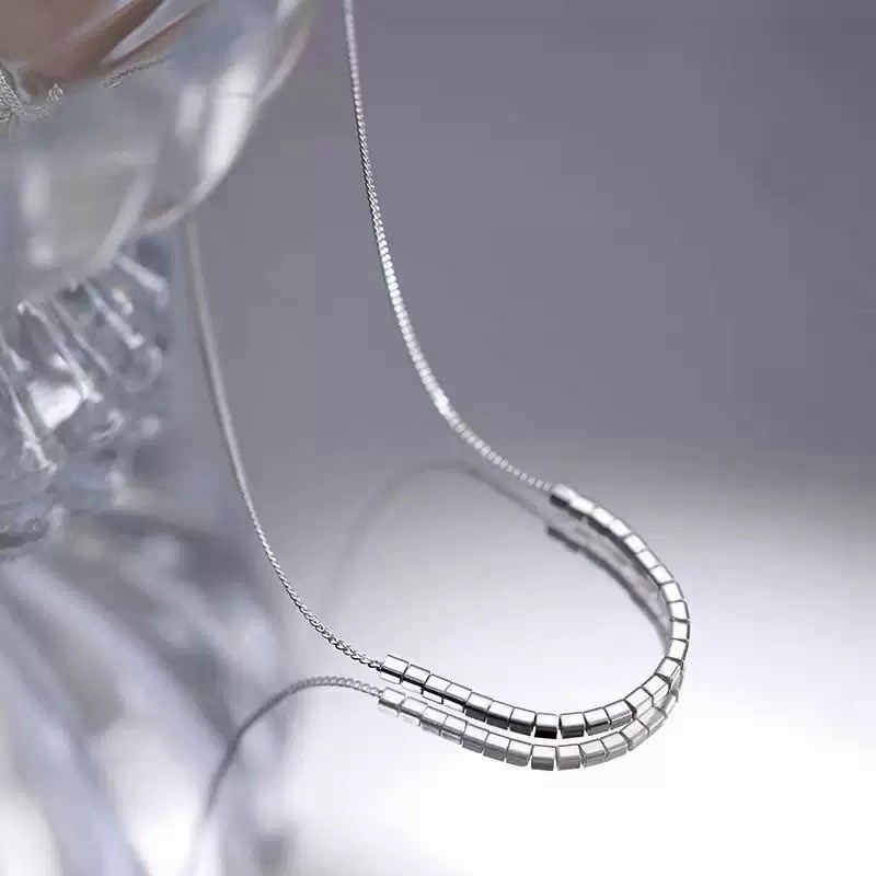 925 Silver Cube Bead Necklace Dainty Geometric Box Chain Choker Necklace 007